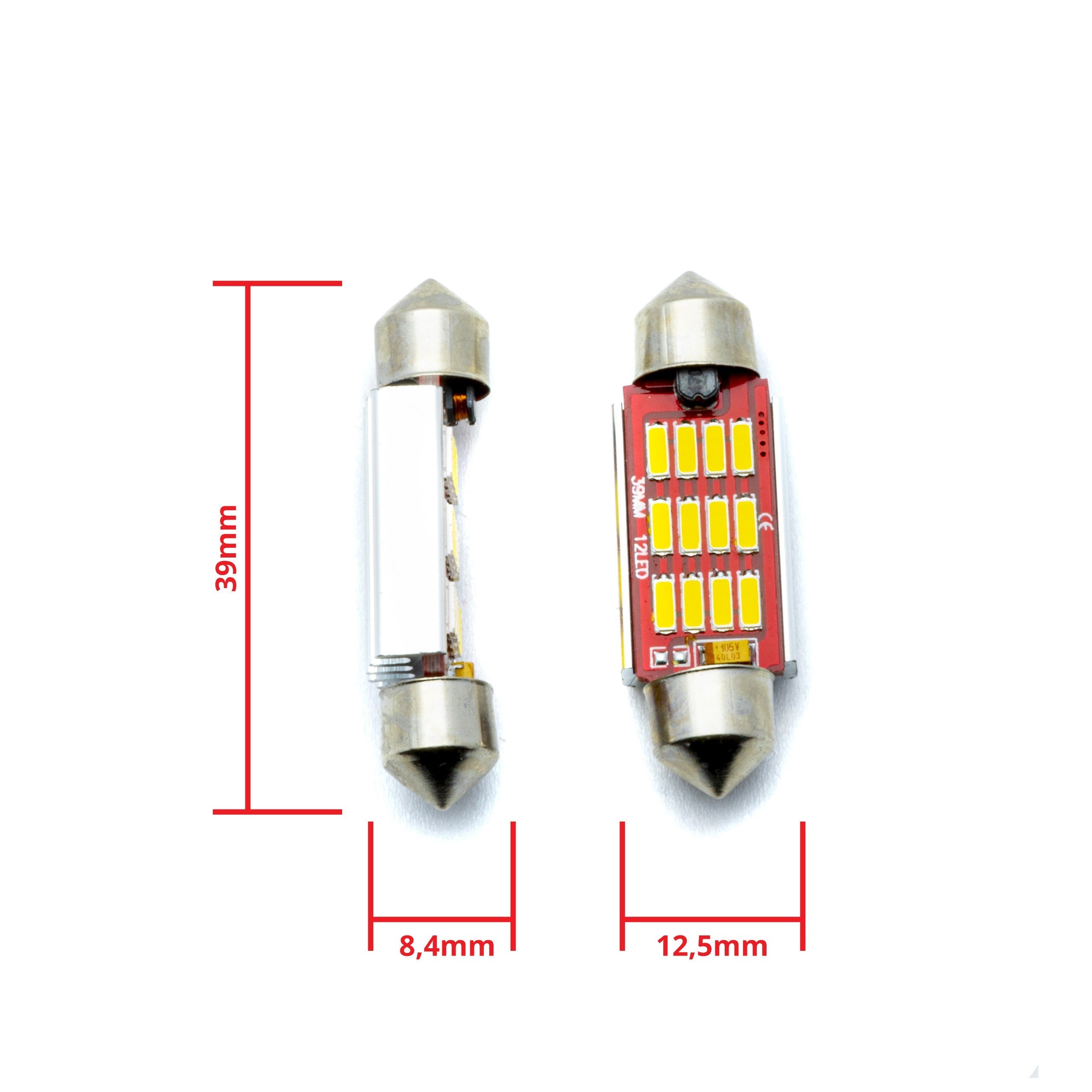LED-lampa för bil – C5W – SV8.5–8 – 5000K – 12 LED – SMD 4014 – 39 mm – 2-pack