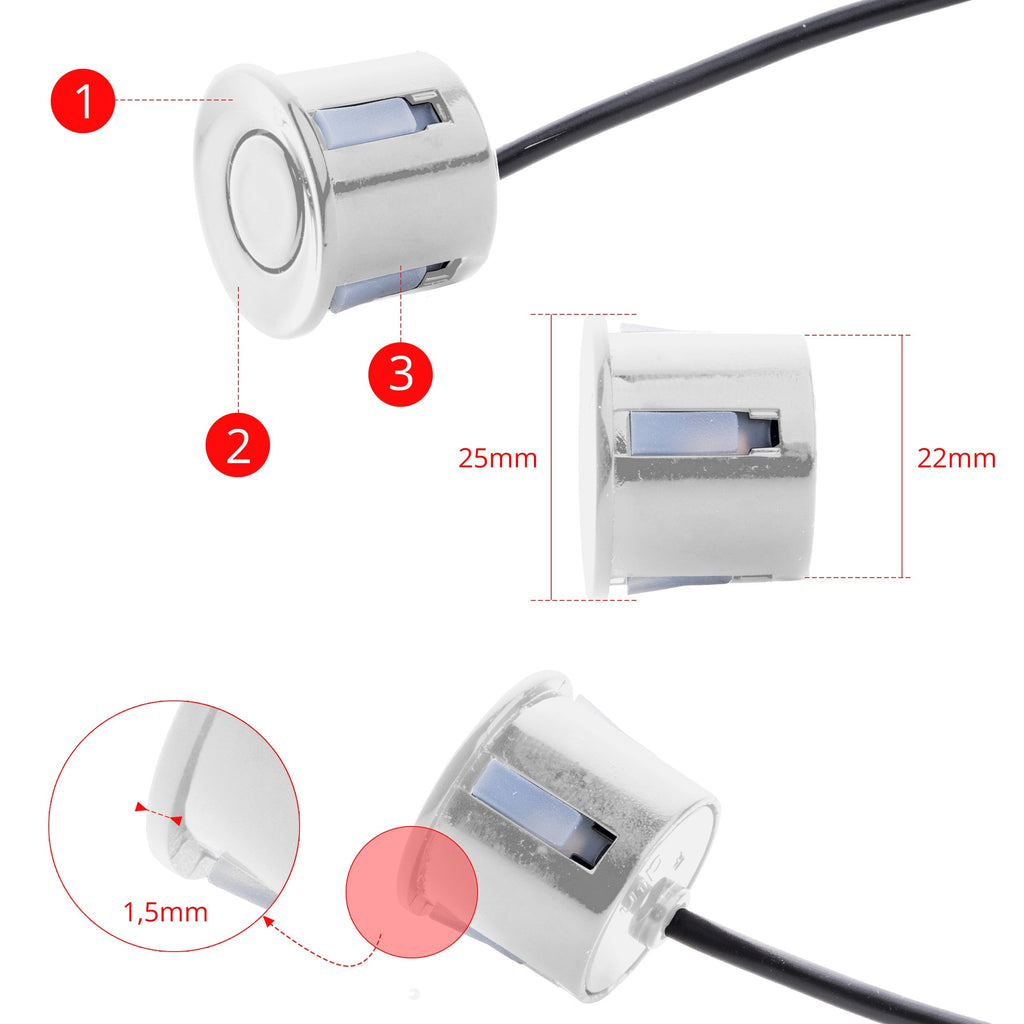 Parkeringssensor – Silver – ultraljudssensor – 8 sensorer – 4x 2,5 m/ 4x 6 m