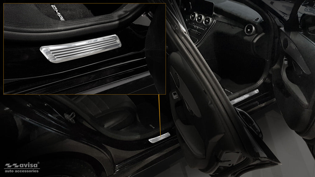 Tröskelskydd Mercedes C Class W205/ S205 2014–2019, facelift 2019+ / Mercedes C Class W206 2021+ – Spegelpolerat silver | AVISA - Carlevel AB - Tröskelskydd
