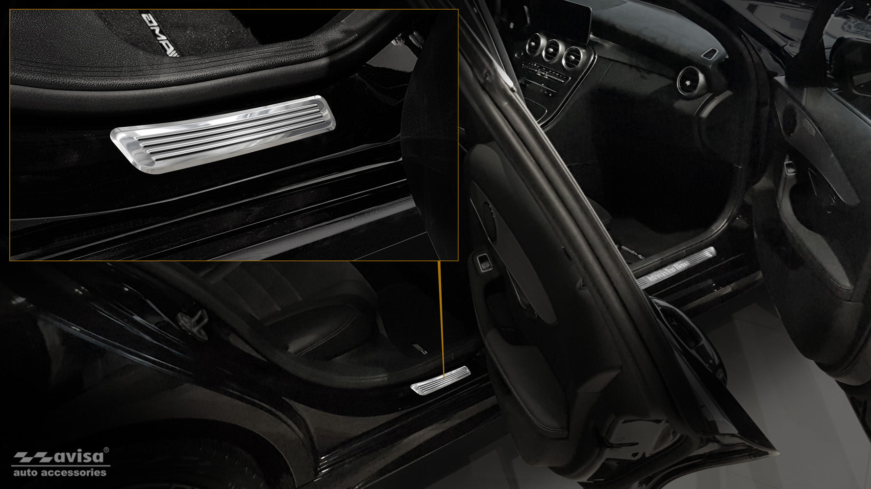Tröskelskydd Mercedes C Class W205/ S205 2014–2019, facelift 2019+ / Mercedes C Class W206 2021+ – Spegelpolerat silver | AVISA - Carlevel AB - Tröskelskydd