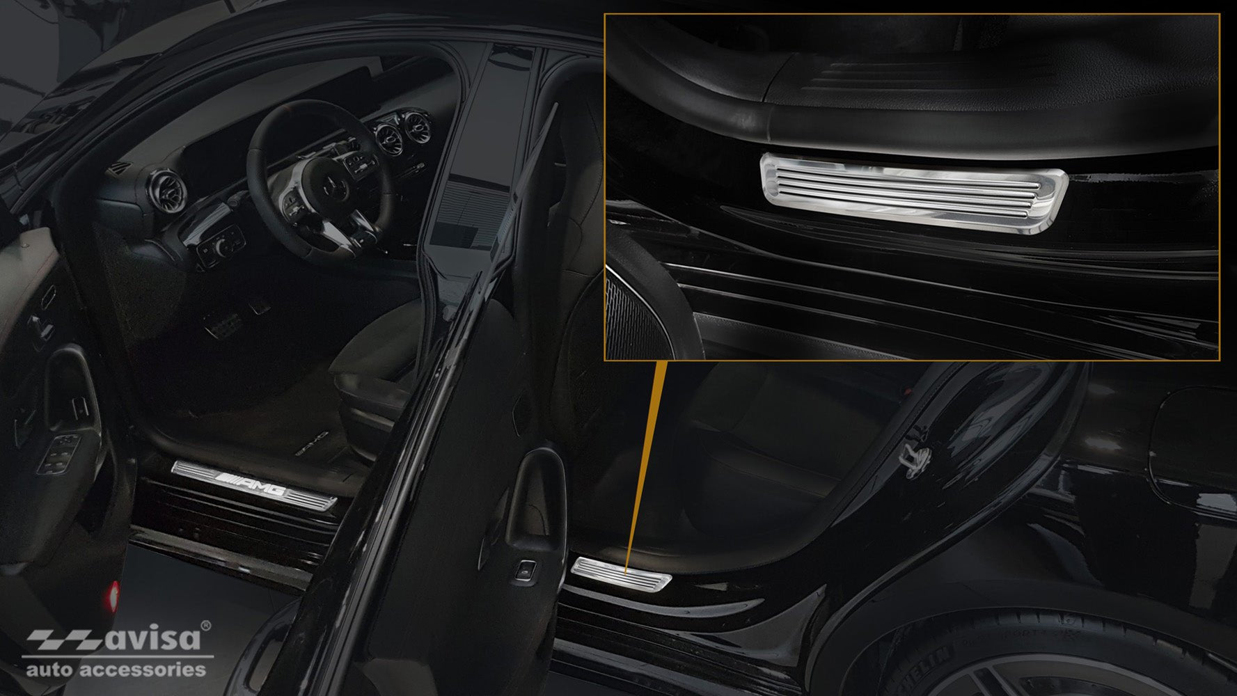 Tröskelskydd Mercedes Cla II Shooting Brake (X118) 2019–2025 – Spegelpolerat silver | AVISA - Carlevel AB - Tröskelskydd